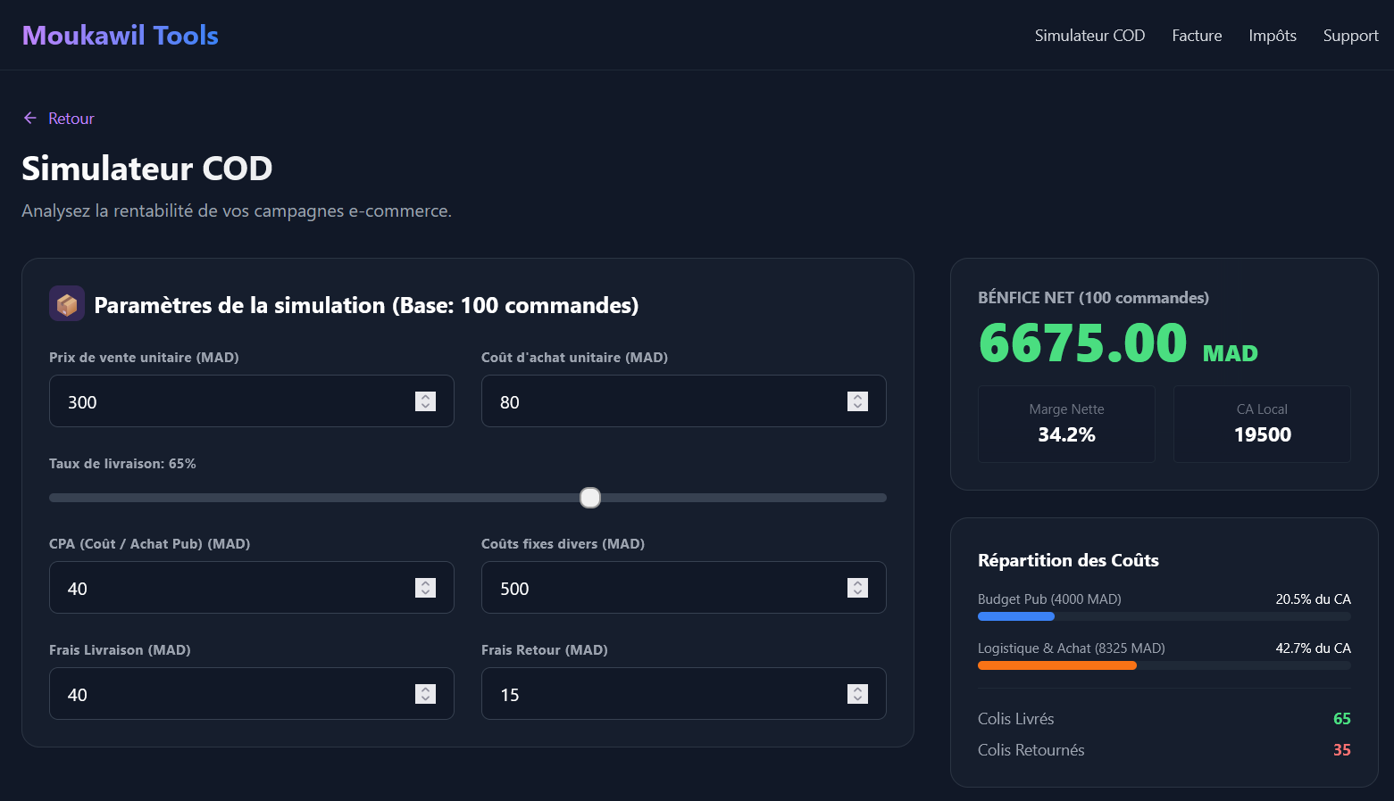 Simulateur de rentabilité Cash On Delivery